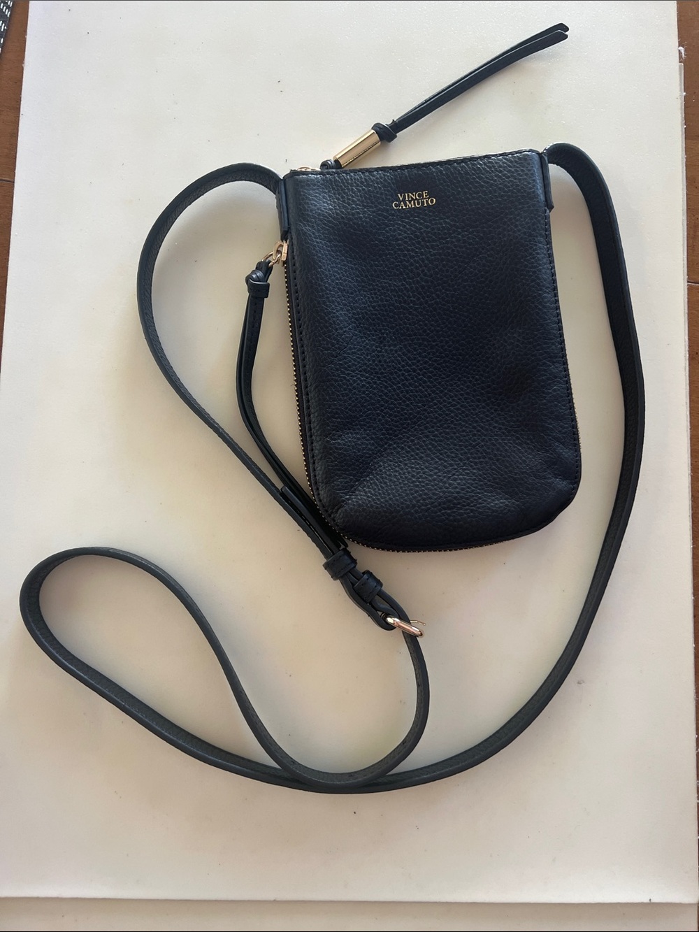 Vince Camuto Black Pebbled Leather Crossbody Phone Pouch with Gold Hardware